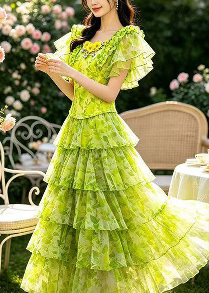 Handmade Grass Green Ruffled Print Tulle Two Pieces Set Summer