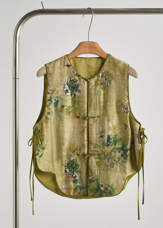 Handmade Grass Green Sequins Embroidered Silk Vests Fall