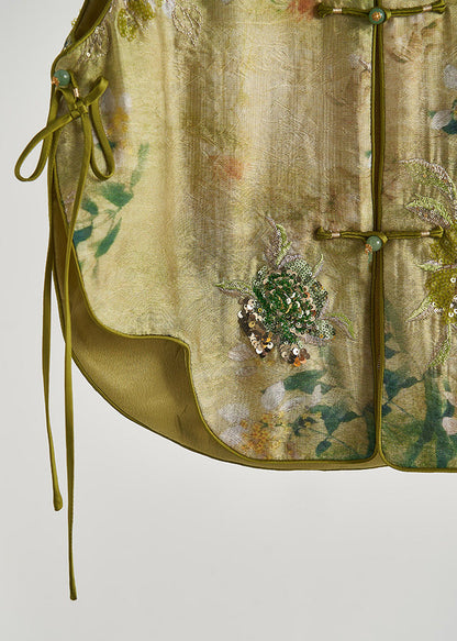 Handmade Grass Green Sequins Embroidered Silk Vests Fall