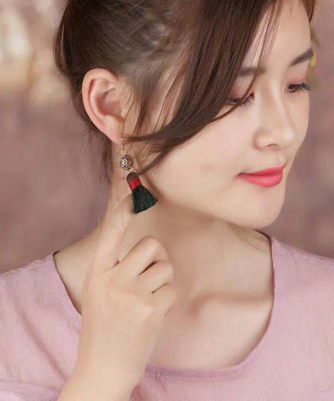 Pendientes colgantes de hilo de seda cloisonné de cobre verde hechos a mano