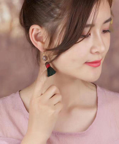 Pendientes colgantes de hilo de seda cloisonné de cobre verde hechos a mano