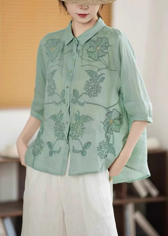 Handmade Green Embroidered Button Linen Shirt Half Sleeve