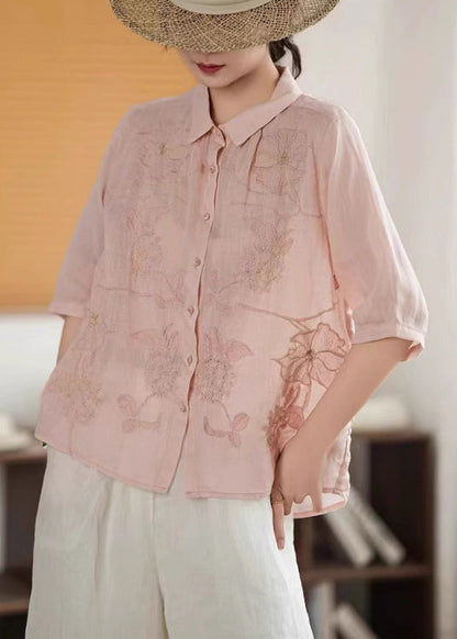 Handmade Green Embroidered Button Linen Shirt Half Sleeve