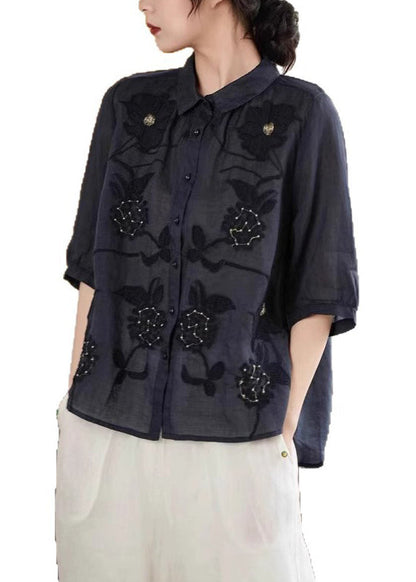 Handmade Green Embroidered Button Linen Shirt Half Sleeve