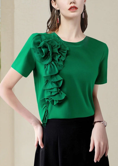 Camisas de manga corta lisas con estampado floral verde hechas a mano