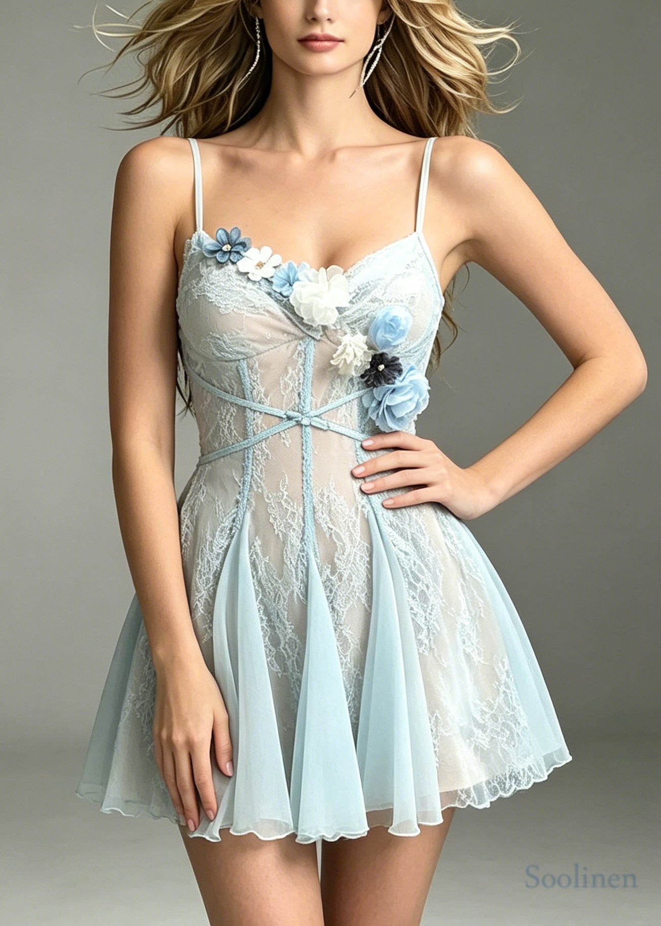 Handmade Green Floral Tulle Vacation Dress Summer