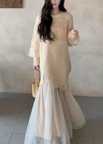 Handgefertigtes grünes Patchwork-Strickkleid mit Rundhalsausschnitt für den Winter