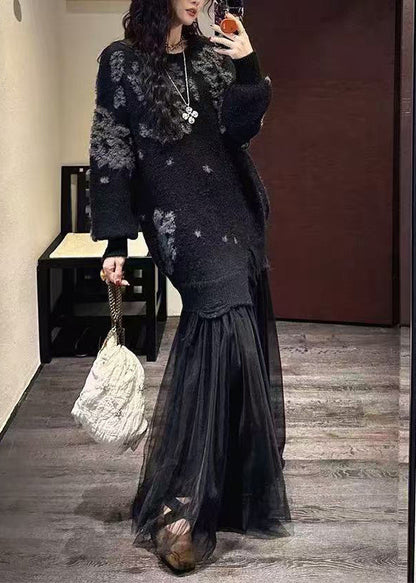 Handgefertigtes grünes Patchwork-Strickkleid mit Rundhalsausschnitt für den Winter