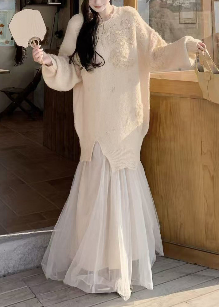 Handgefertigtes grünes Patchwork-Strickkleid mit Rundhalsausschnitt für den Winter