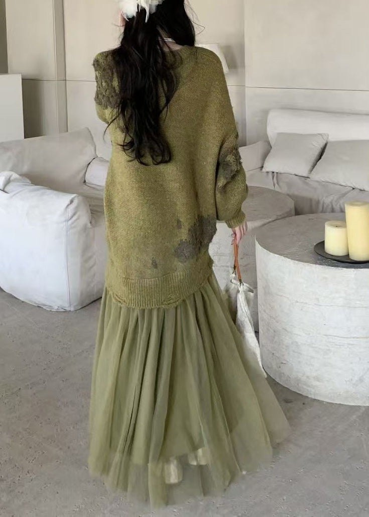 Handgefertigtes grünes Patchwork-Strickkleid mit Rundhalsausschnitt für den Winter