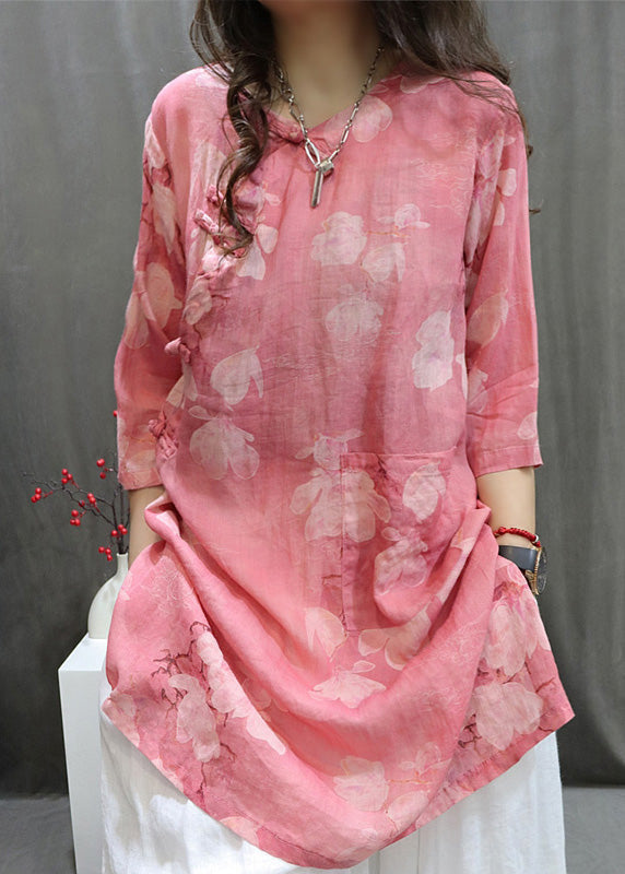 Top de verano con botones y estampado de cuello redondo verde hecho a mano