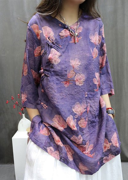 Top de verano con botones y estampado de cuello redondo verde hecho a mano