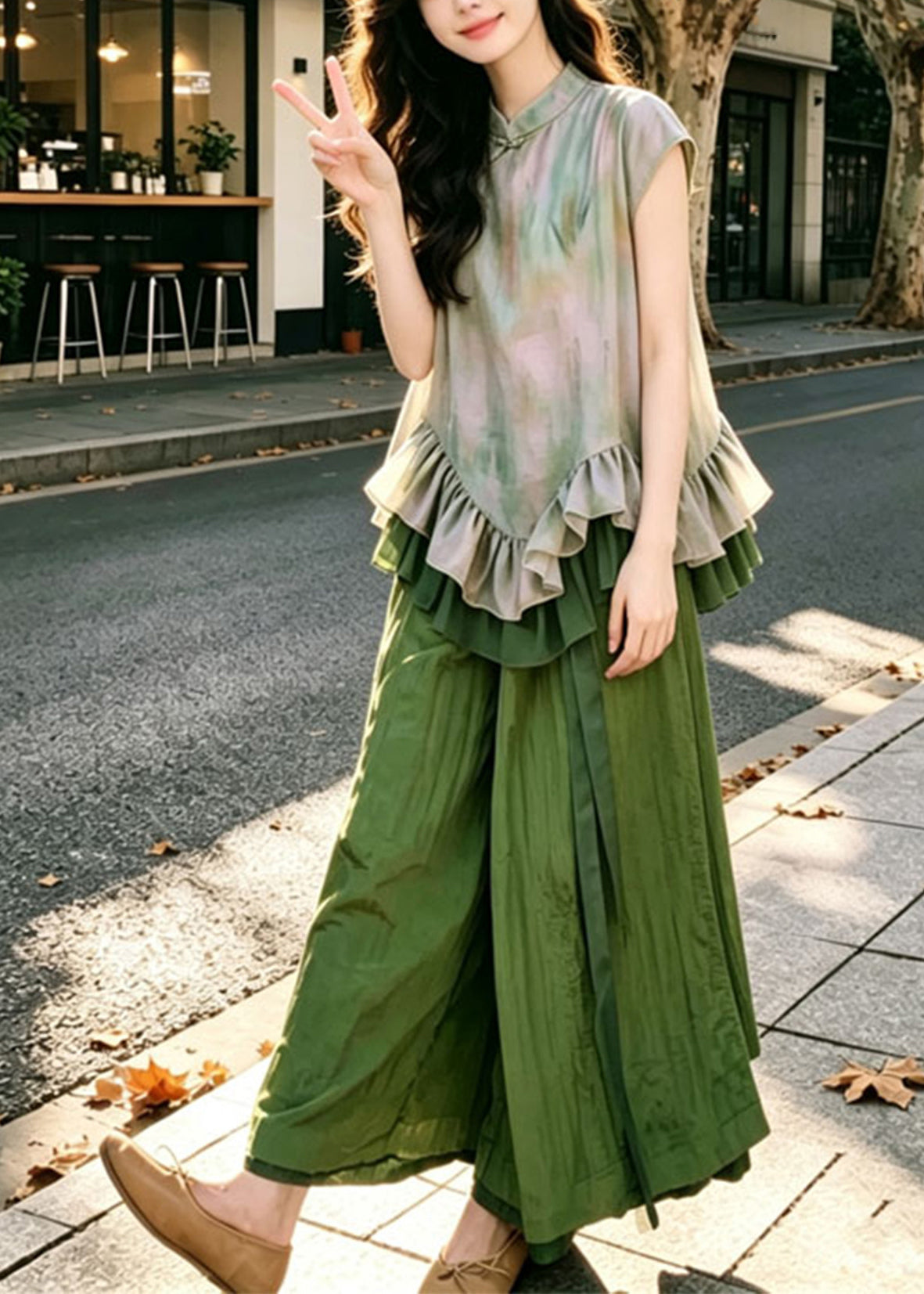 Handmade Green Ruffled Print Shirt And Wide Leg Pants Two Piece Set Summer