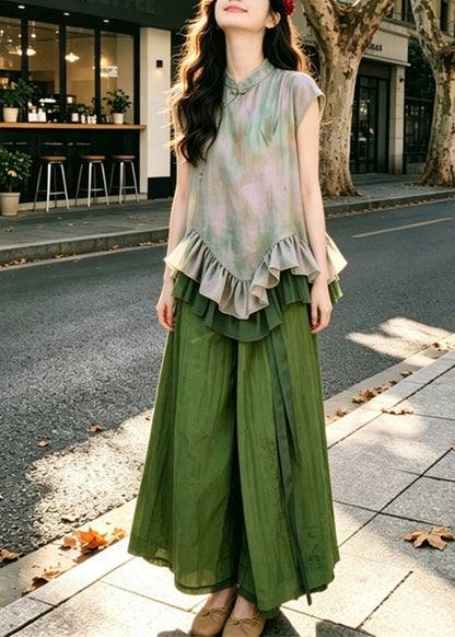 Handmade Green Ruffled Print Shirt And Wide Leg Pants Two Piece Set Summer