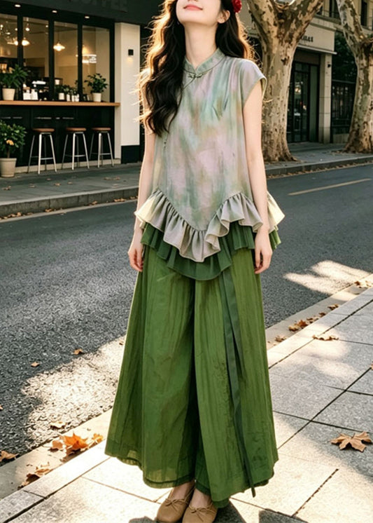 Handmade Green Ruffled Print Shirt And Wide Leg Pants Two Piece Set Summer