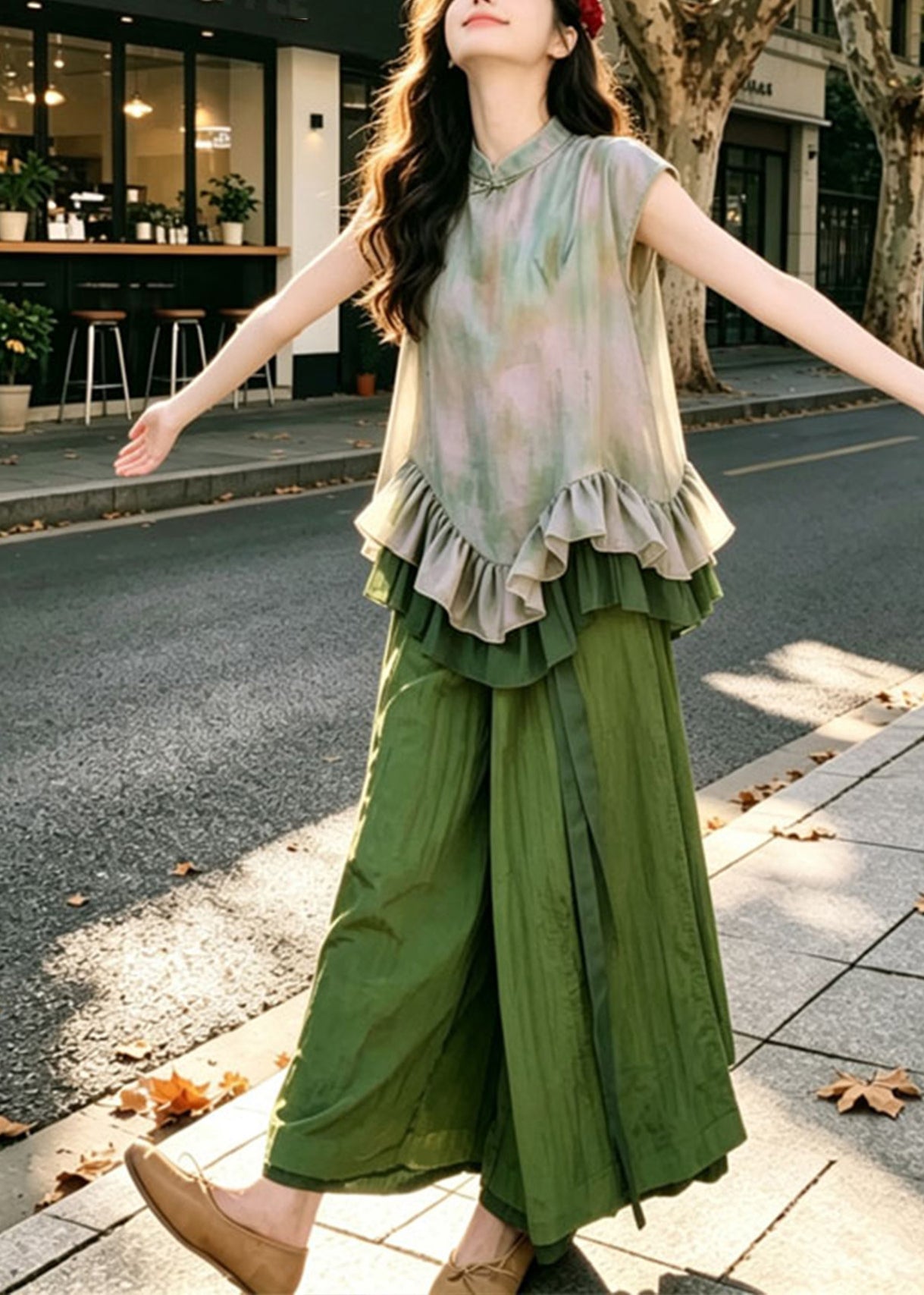 Handmade Green Ruffled Print Shirt And Wide Leg Pants Two Piece Set Summer