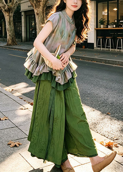 Handmade Green Ruffled Print Shirt And Wide Leg Pants Two Piece Set Summer
