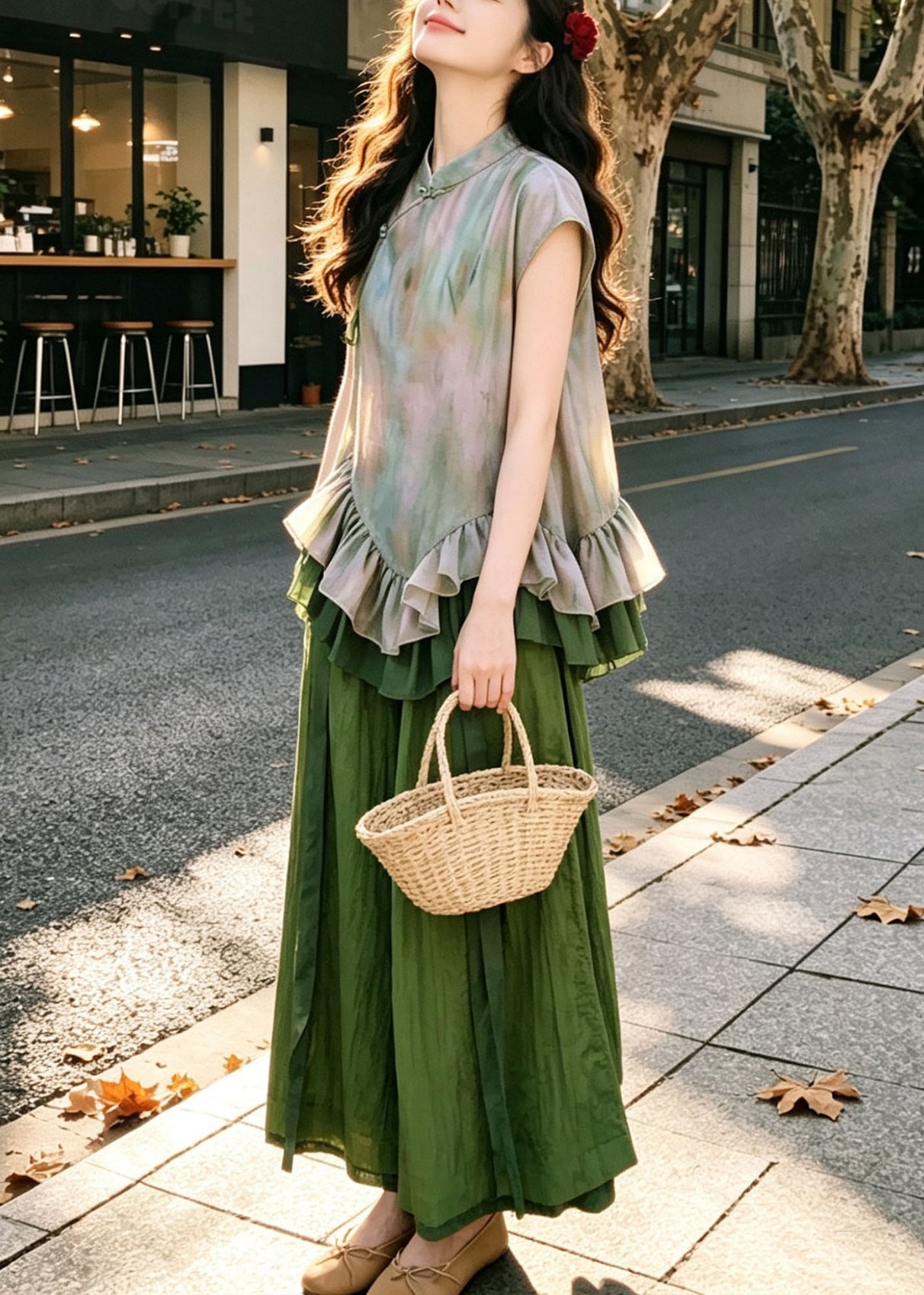 Handmade Green Ruffled Print Shirt And Wide Leg Pants Two Piece Set Summer