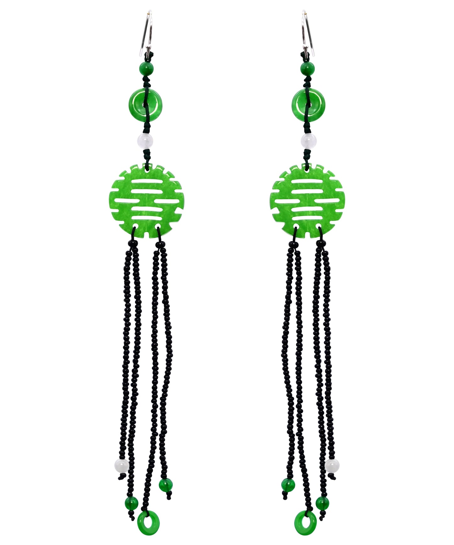 Handgemachte grüne Sterling Silber Jade Quaste Glas Bea Tropfen Ohrringe