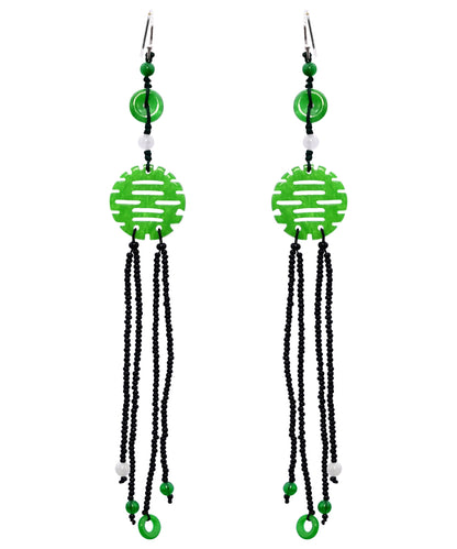 Handgemachte grüne Sterling Silber Jade Quaste Glas Bea Tropfen Ohrringe