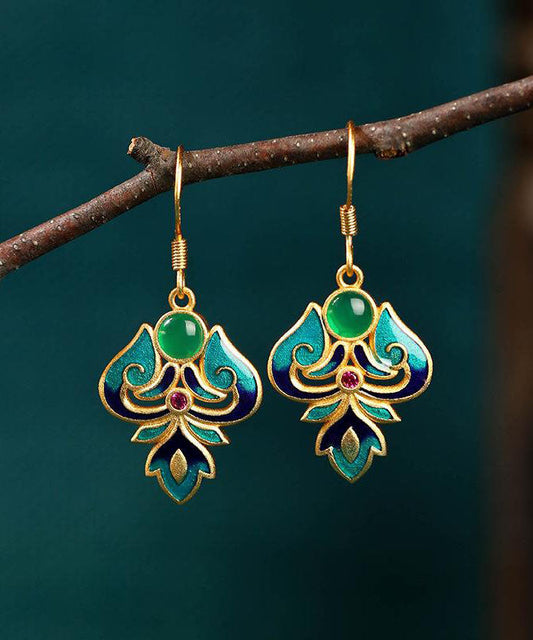 Handgefertigte grüne Sterling-Splitter-Achat-Emaille-Chalcedon-Tropfenohrringe