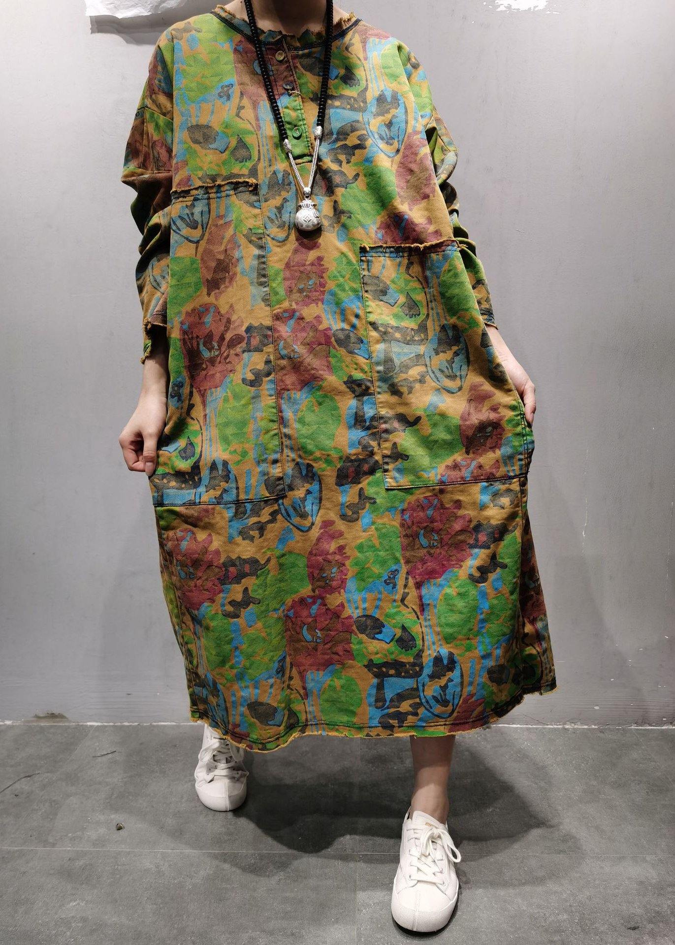 Handmade Green U Neck Patchwork Maxi Dresses Spring Dress - SooLinen