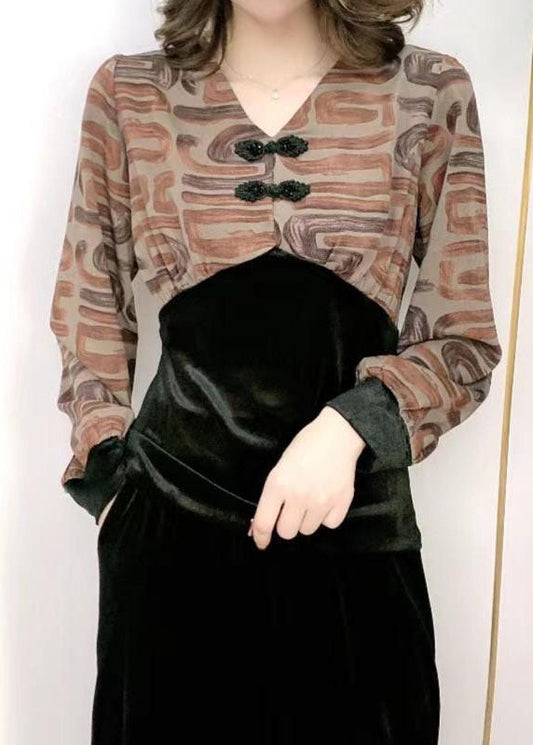 Handgemachte Grüne V-Ausschnitt Patchwork Slim Fit Seidenvelours Blusen