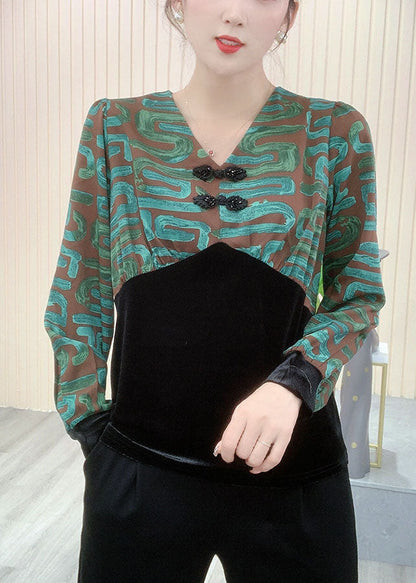 Handgemachte Grüne V-Ausschnitt Patchwork Slim Fit Seidenvelours Blusen