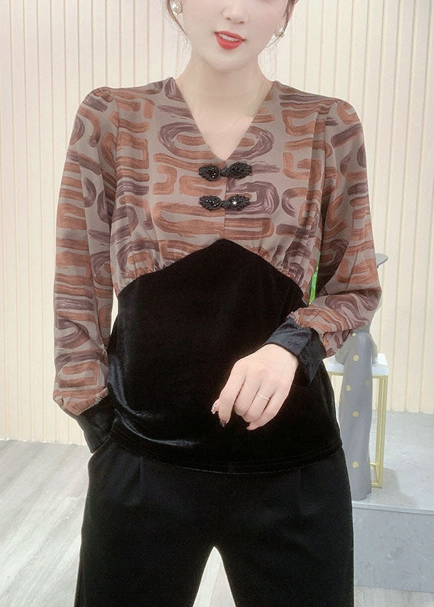 Handgemachte Grüne V-Ausschnitt Patchwork Slim Fit Seidenvelours Blusen