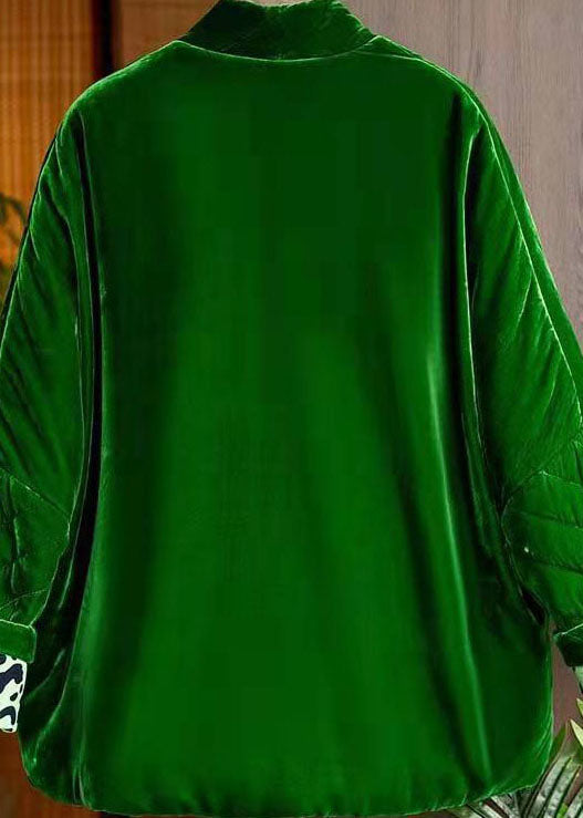 Handgemachter grüner Wintermantel aus Velours mit V-Ausschnitt und Taschen