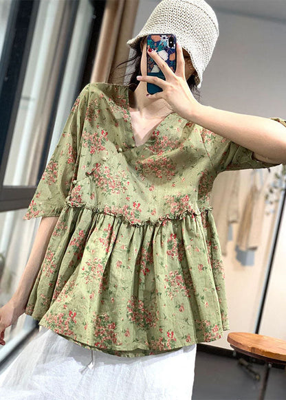 Handgemachte grüne V-Ausschnitt Rüschen Print Tops Frühling