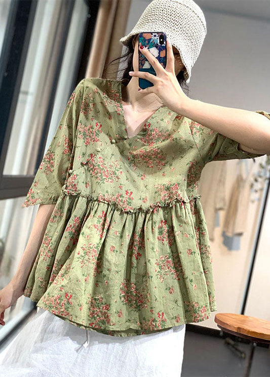 Handgemachte grüne V-Ausschnitt Rüschen Print Tops Frühling