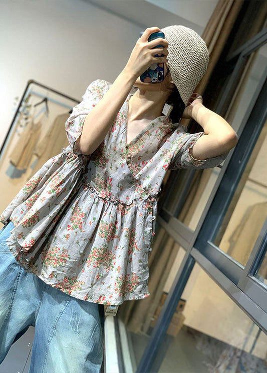 Handgemachte grüne V-Ausschnitt Rüschen Print Tops Frühling