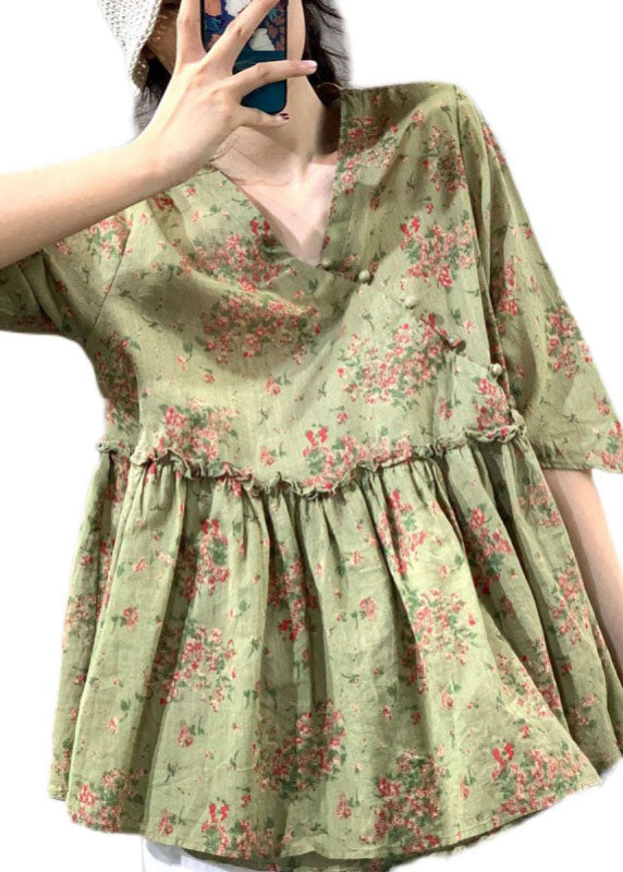 Handgemachte grüne V-Ausschnitt Rüschen Print Tops Frühling