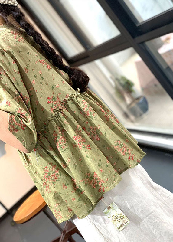 Handgemachte grüne V-Ausschnitt Rüschen Print Tops Frühling