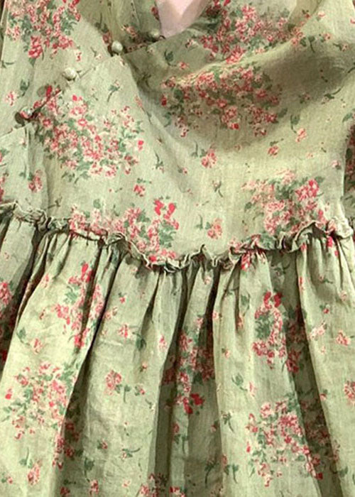 Handgemachte grüne V-Ausschnitt Rüschen Print Tops Frühling