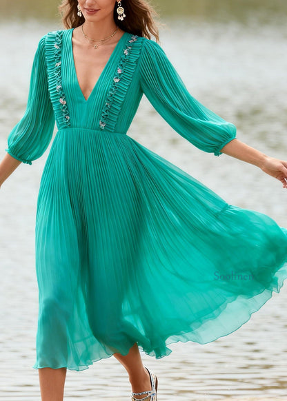 Handmade Green V Neck Wrinkled Patchwork Chiffon Ankle Dress Summer