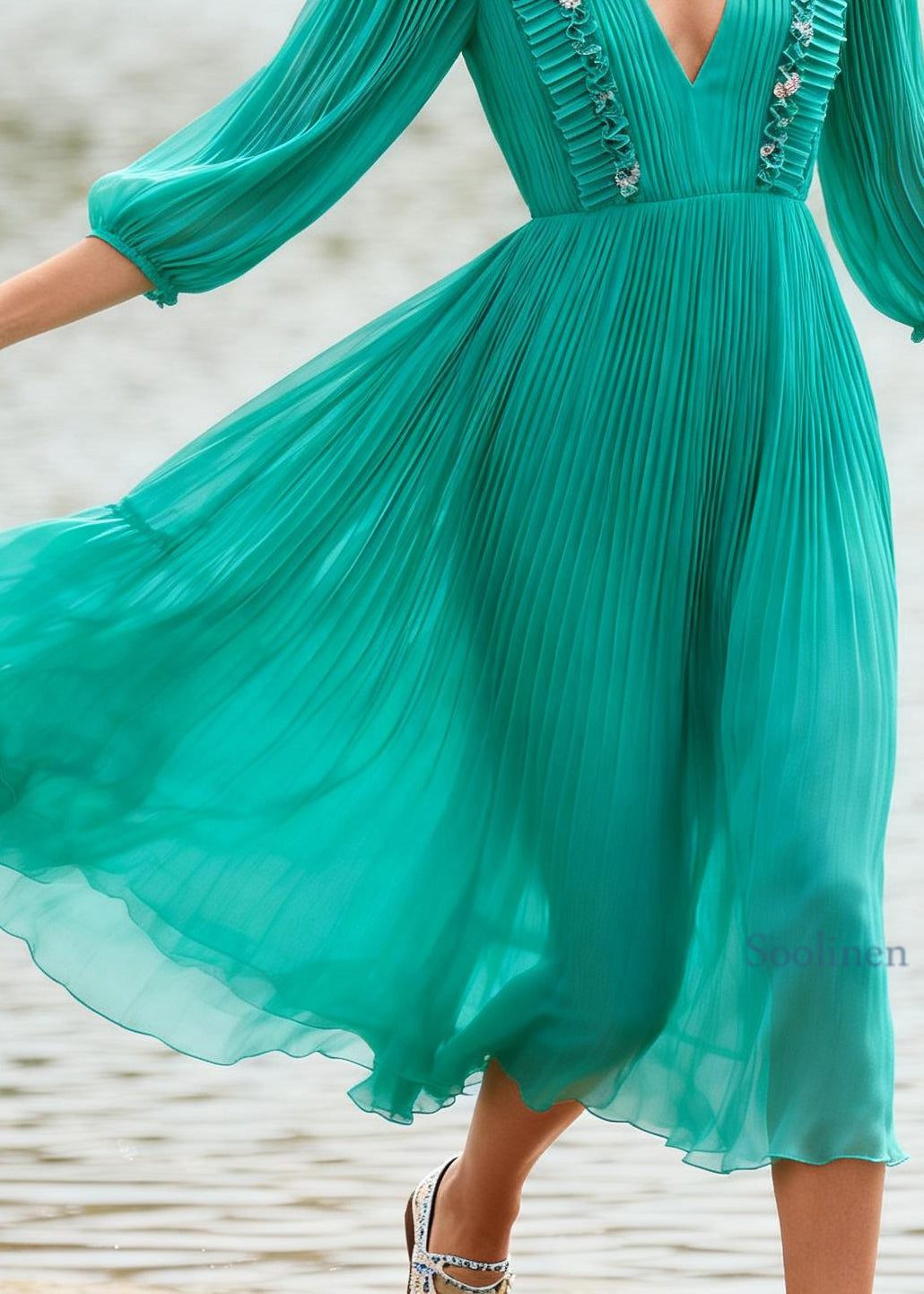 Handmade Green V Neck Wrinkled Patchwork Chiffon Ankle Dress Summer