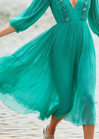 Handmade Green V Neck Wrinkled Patchwork Chiffon Ankle Dress Summer