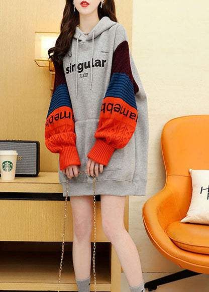 Handgemachte graue Kapuzen Patchwork warme Fleece lose Sweatshirts Top Winter