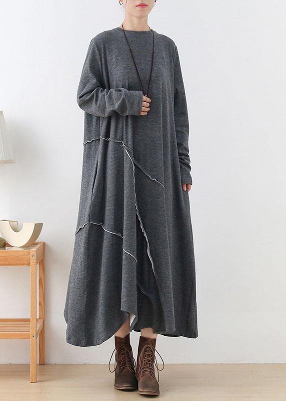 Handmade Grey Loose Asymmetrical Design Fall Long Sleeve Holiday Dress - SooLinen