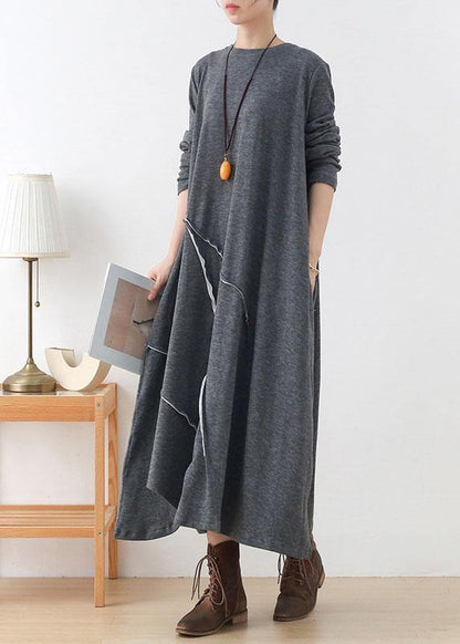 Handmade Grey Loose Asymmetrical Design Fall Long Sleeve Holiday Dress - SooLinen