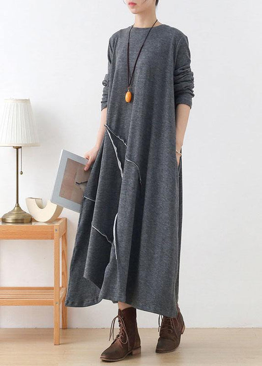 Handmade Grey Loose Asymmetrical Design Fall Long Sleeve Holiday Dress - SooLinen