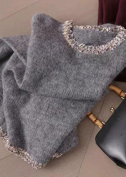 Handmade Grey O Neck Sequins Patchwork Cashmere Knit Pullover Spring
