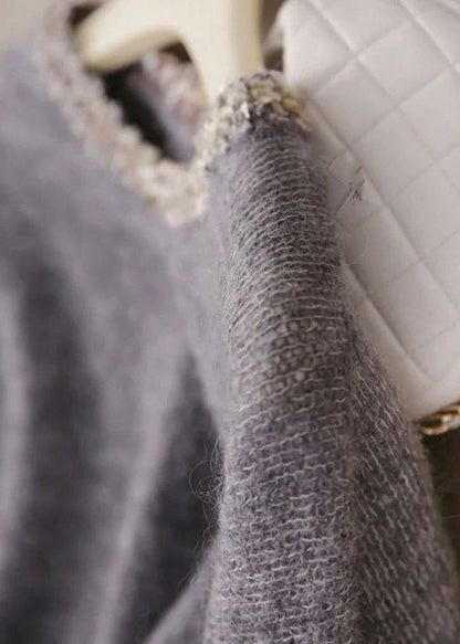 Handmade Grey O Neck Sequins Patchwork Cashmere Knit Pullover Spring