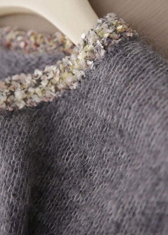 Handmade Grey O Neck Sequins Patchwork Cashmere Knit Pullover Spring