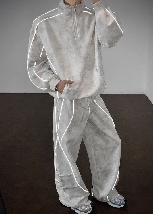 Handmade Grey Oversized Tie Dye Cotton Mens Two Piece Set Clothing Fall