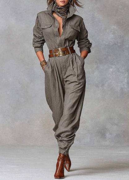 Handmade Grey Patchwork Pockets Tunic Jumpsuits Fall