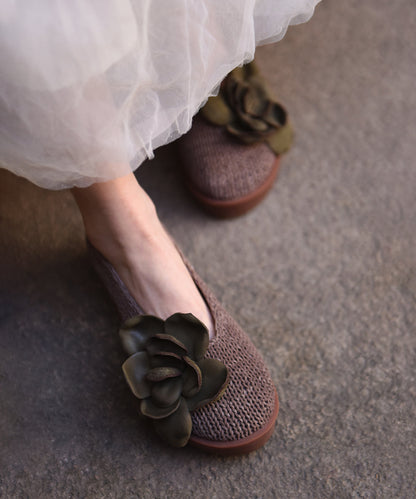 Handmade Grey Platform Sheepskin Comfy Splicing Floral Flat Shoes