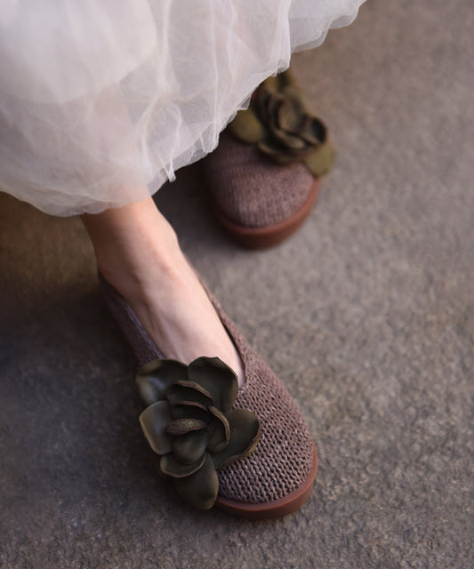Handmade Grey Platform Sheepskin Comfy Splicing Floral Flat Shoes